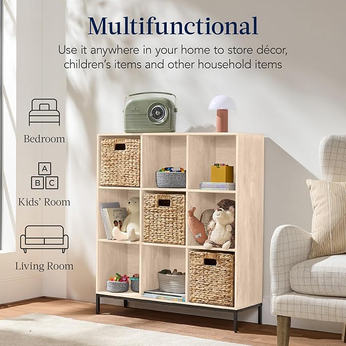 Best Choice Products 9-Cube Bookshelf, 3-Tier Wood Storage Bookcase W/Legs, 11in Shelf Opening, Cube Organizer, Living Room, Office, Nursery - Light Oak