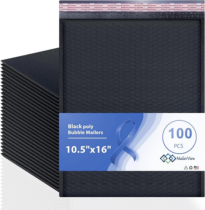 Black 10.5x16 Inch Large Poly Bubble Mailers #5 | Padded Envelopes with Self Seal | Air Lined Cushioned Bubble Mailer | Usable Size 10.5x15 | 100 Pack Bulk | Lightweight shipping Bags | Made in USA