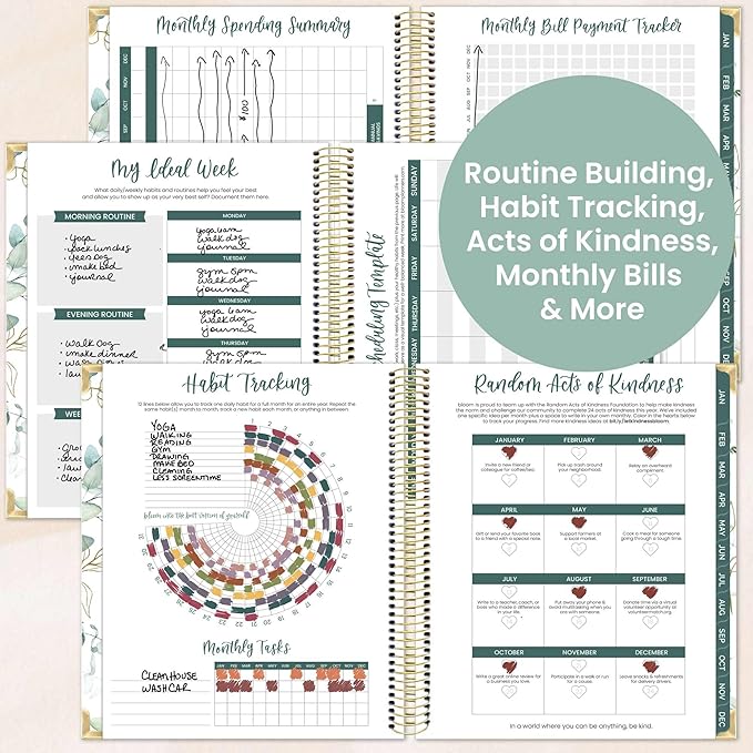 bloom daily planners 2026 Hardcover Calendar Year Goal & Vision Planner (January to December) - Monthly & Weekly Agenda Organizer - 7.5" x 9" - Eucalyptus, White