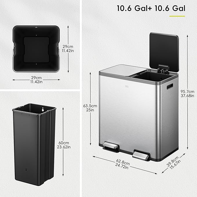 EKO EcoCasa Plus 2 x 10.6 Gal Dual Recycling Trash Can for Kitchen, Large Stainless Steel Step-On Garbage Can with Soft-Close Lids, Odor-Proof and Fingerprint-Resistant, Removable Buckets with Handles