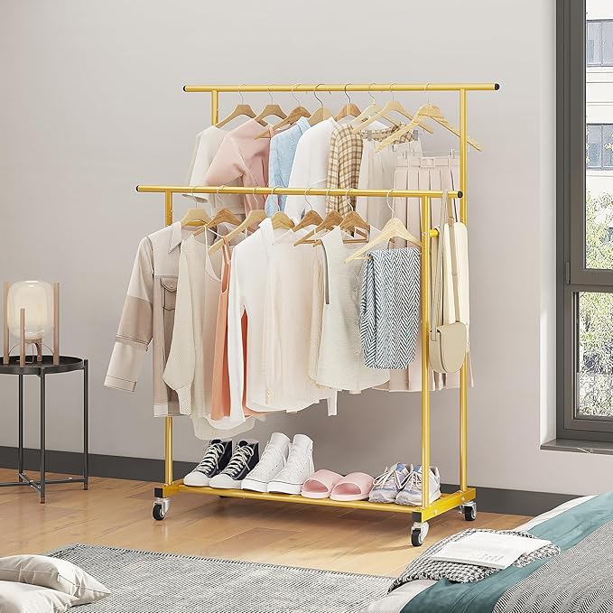 Calmootey Double Rod Clothing Garment Rack,Rolling Hanging Clothes Rack,Portable Clothes Organizer for Bedroom,Living Room,Clothing Store,Gold