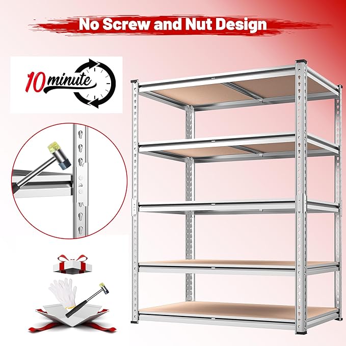 REIBII 2020LBS Garage Shelving Heavy Duty 5 Tier Storage Shelves Adjustable Metal Shelving for Basement, Warehouse, Pantry, Closet, Kitchen, Easy Assembly, 72" H x 35.55" W x 16" D, Galvanized
