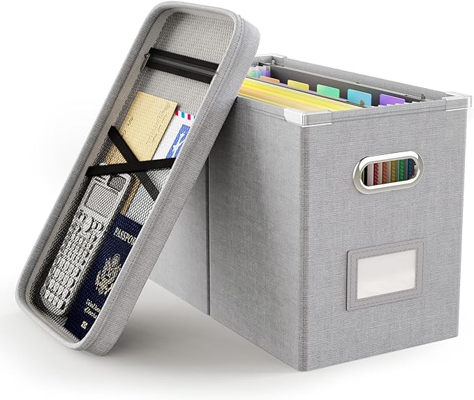 Oterri File Organizer with Lid, Hanging Filing Box with Mesh Pocket, Document Organizer for Letter Files, Portable Storage Box with Smooth Sliding Rail for Office & Home (1 PCS, Light Grey)