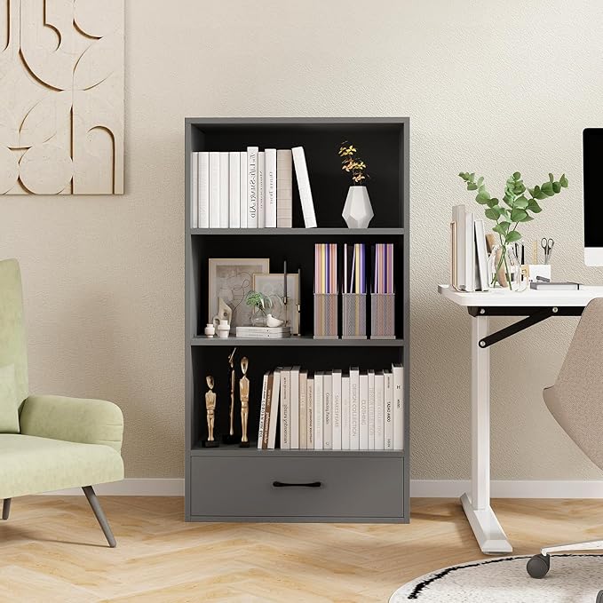 Tangkula 3 Tier Bookcase with Drawer, 42.5”Tall Freestanding Bookshelf with 3 Open Shelves & 1 Drawer, Anti-toppling Devices, Modern Display Storage Organizer for Home Office (Grey, 42.5" H)