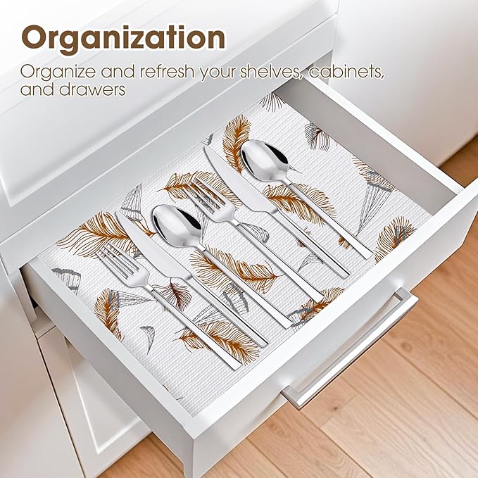 ALIUNI Drawer and Shelf Liner, Non-Slip Kitchen Cabinet Liners Non-Adhesive Thick Strong Grip Waterproof Washable Mats Protect Dresser Shelves Cupboard Bathroom Cabinets, Feather, 12 in X 10 FT