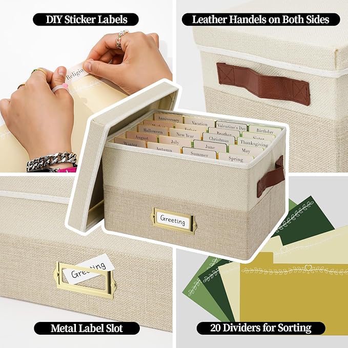 Vienrose Greeting Card Organizer Box with 20 Removable Dividers, 84 Self-Adhesive Labels, Foldable Storage Box Great for Greeting Cards, Photos, Envelopes, Stickers, Postcards Beige&Khaki