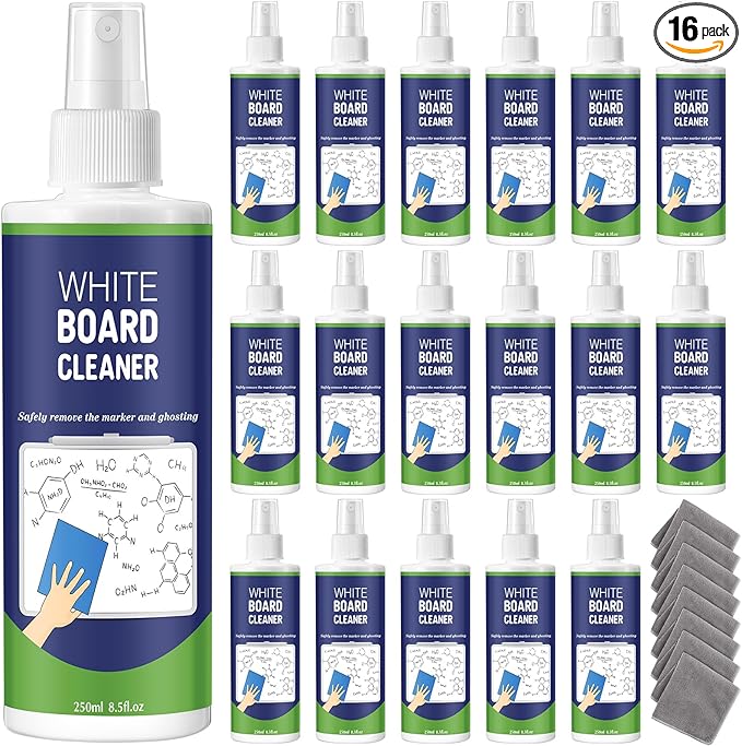Dansib 16 Pack Whiteboard Cleaner Spray 8.5oz Dry Erase Board Cleaner with 8 Cloths Non Toxic Dry Erase Cleaner Removes Stubborn Marks from Whiteboards