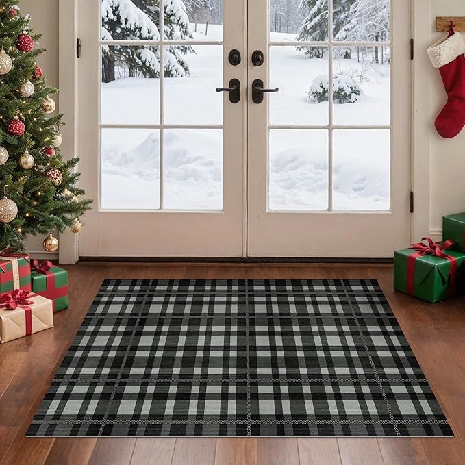 GENIMO Checkered Rug 3x5 Ft Black and White Fine Plaid Outdoor Rug Buffalo Plaid Rugs Mat Fall Doormats Washable Rug for Front Porch Decor Indoor Entrance Patio Balcony Entryway
