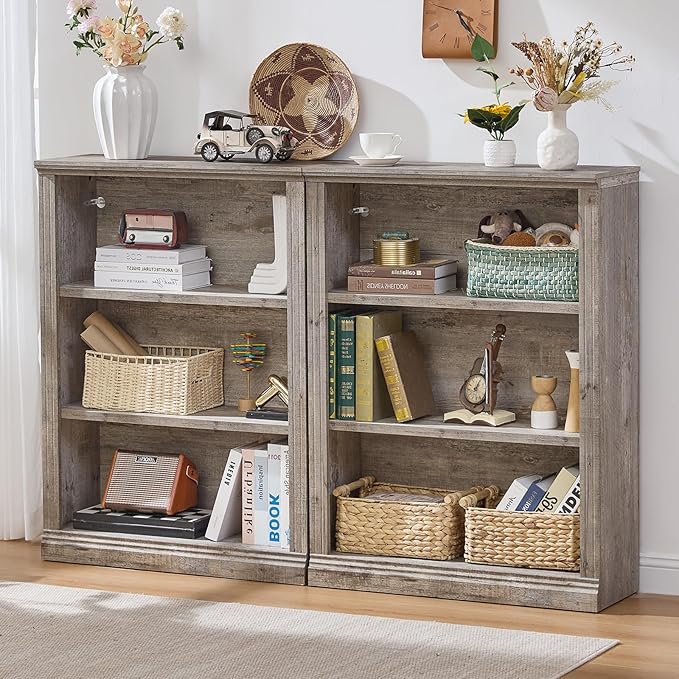 RWYHG 43" Grey Tall Bookshelf Set of 4,3-Tier Thick Wooden Book Shelf with Adjustable Shelves,Free Standing Farmhouse Bookcase with Open Display Storage,Floor Vintage Bookshelves for Living Room