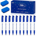 Lineon Dry Erase Markers, 100 Bulk Pack Blue Whiteboard Markers with 2 Eraser, Fine Point Dry Erase Markers Perfect For Writing on Whiteboards, Dry-Erase Boards,Mirrors for School Office Home