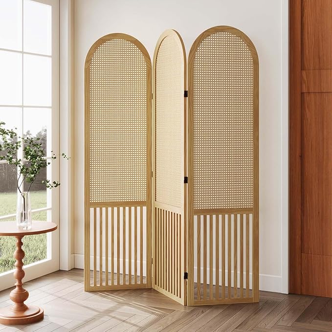3-Panel Hand-Woven Rattan Room Divider, Tall Foldable Privacy Screen with Wooden Frame - Freestanding Portable Partition for Home Office, Bedroom, Bathroom(Natural-Pine)