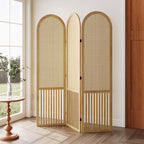 3-Panel Hand-Woven Rattan Room Divider, Tall Foldable Privacy Screen with Wooden Frame - Freestanding Portable Partition for Home Office, Bedroom, Bathroom(Natural-Pine)