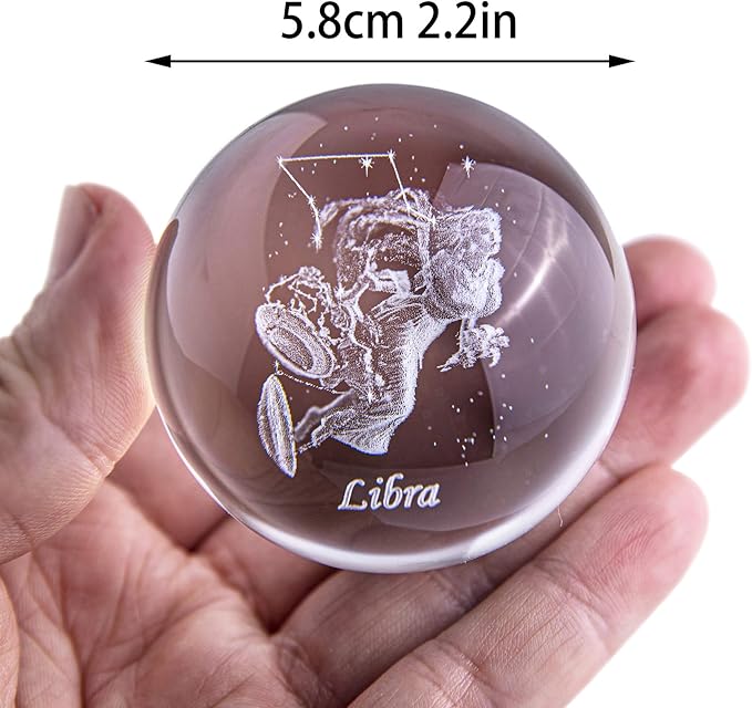 3D Laser Constellation Crystal Ball Crystal Paperweight Full Sphere Glass Fengshui with Sliver-Plated Flowering Stand(Libra)
