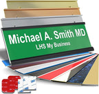 Custom Name Plate with Choice of Mounting for Walls, Doors, Desk Holders, Cubicles, Hanging and More - Personalized Green Plastic White Letters - USA Made 2x8 - B6