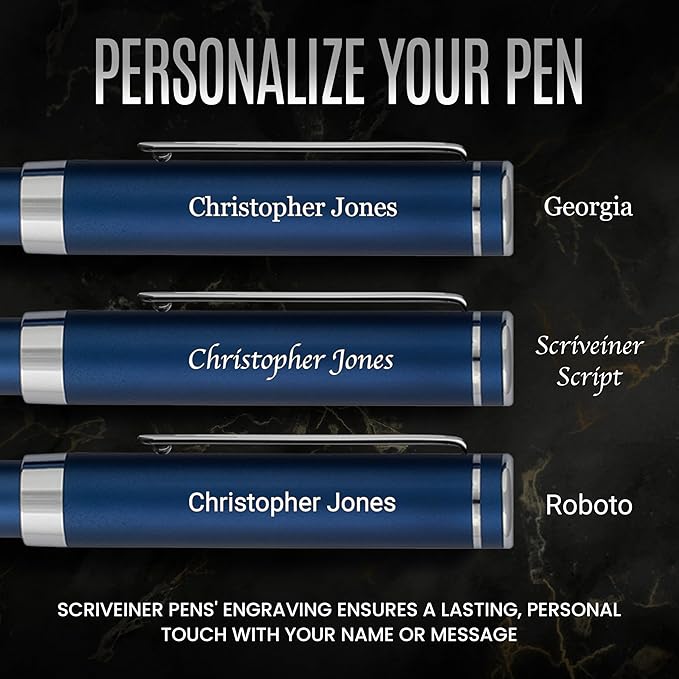 Scriveiner Personalized Luxury EDC Fountain Pen (Medium), Stunning Matt Blue Pocket Pen, Chrome Finish, Schmidt German Nib, Best Engraved Fountain Pen Gift Set for Men & Women, Name Engraving