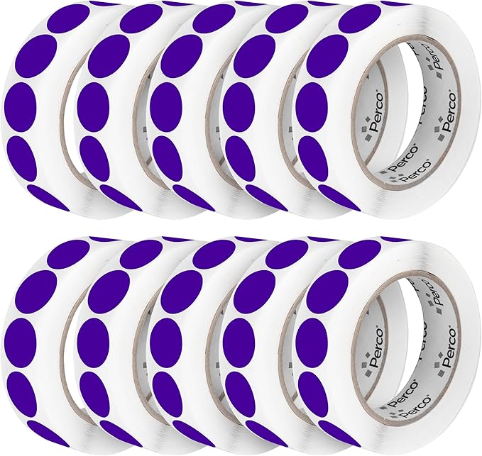 Perco Purple 1-Inch Perforated Circle Dot Sticker Labels — 10 Rolls, 10,000 Round Stickers — with Permanent Adhesive for Inventory Management, Color Coding, Garage Sales, Crafts—Made in USA
