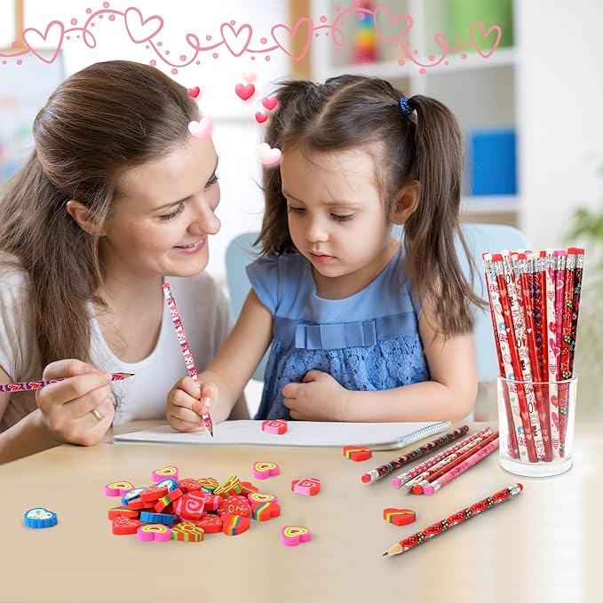 JULMELON 72PCS Valentine's Day Party Favors Set,36PCS Valentines Pencils with 36PCS Heart Erasers, Wooden Pencils for Kids School Classroom Office Party Reward Supplies