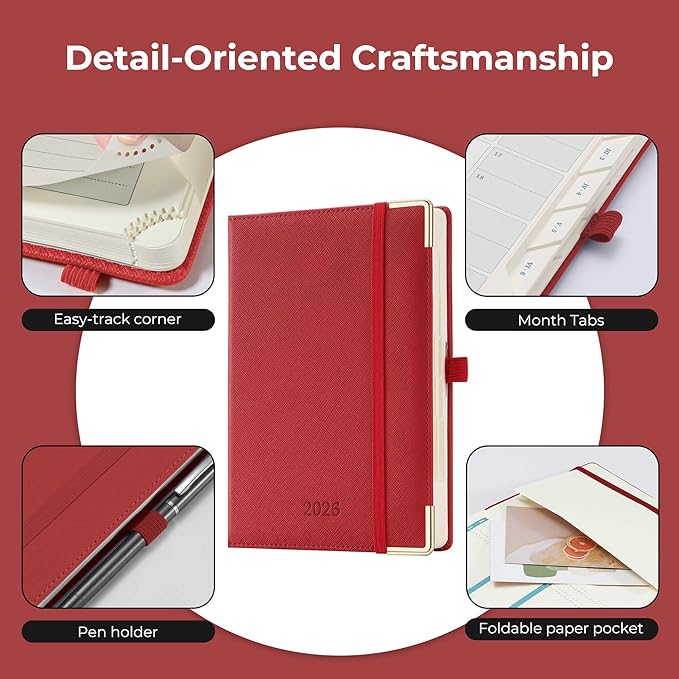 IN-luxpro Daily Planner 2026 with One Page Per Day,(A5-8.5" x 5.9"),12 Months Calendar Hourly Appointment Book Monthly Tabs & Self-adhesive Pen Holder,Inner Pocket, Vegan Leather Hardback,Red
