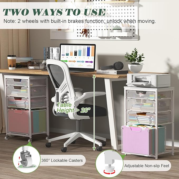 Sbanmao 4 Drawer Rolling File Cart with Wheels, Mobile Filing Cabinet for Home Office, Hanging File Organizer, Under Desk Storage, Multifunctional Utility Cart Printer Stand, White (Patent Pending)