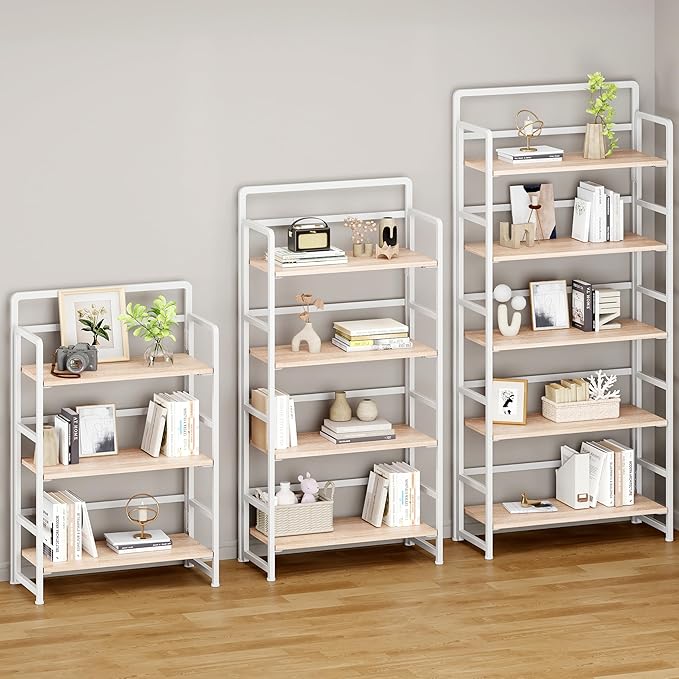THKKY No Assembly Folding Bookshelf, 5 Tiers Collapsible Book Shelf for Home Office, Vintage Wood Foldable Bookcase Storage Organizer for Living Room Bedroom (Beige)