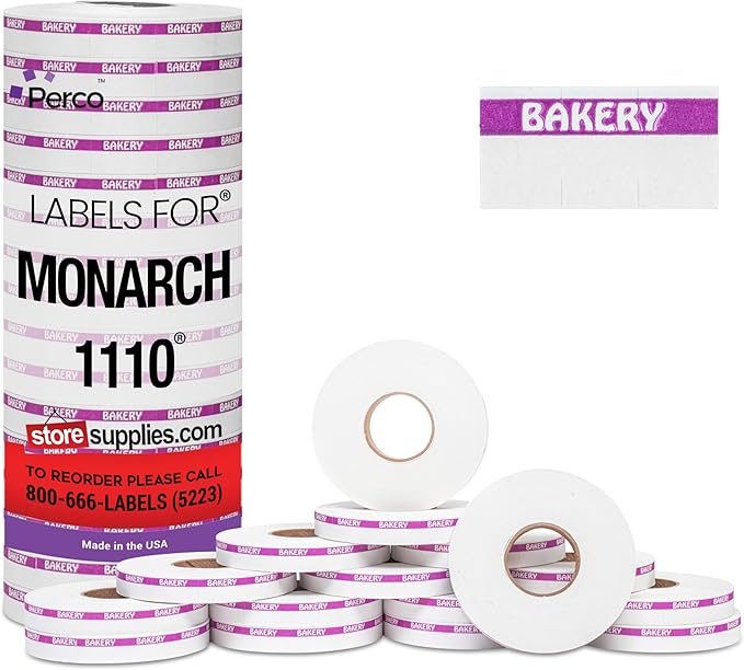 Perco Purple Reverse Print on White Bakery Labels to fit Monarch 1110 Price Gun - 16 Rolls, 17,000 Labels with Ink Roll Included