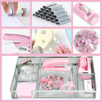 Pink Office Desk Accessories, Pink Office Supplies Set, Desk Drawer Organizer,Stapler and Tape Dispenser Set,Tape,Staple Remover, Staples, Paper Clips, Scissor and Sticky Note