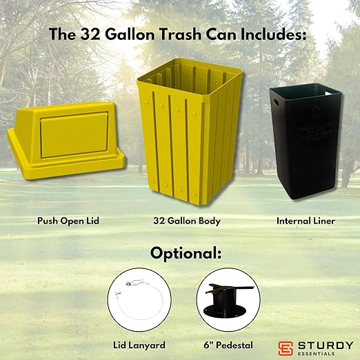 Sturdy Essentials Campus Collection 32 Gallon Square Slatted 100% Recycled Plastic Heavy-Duty Commercial Outdoor or Indoor Trash Can with Push Top Lid | Great for Schools and Businesses - Yellow