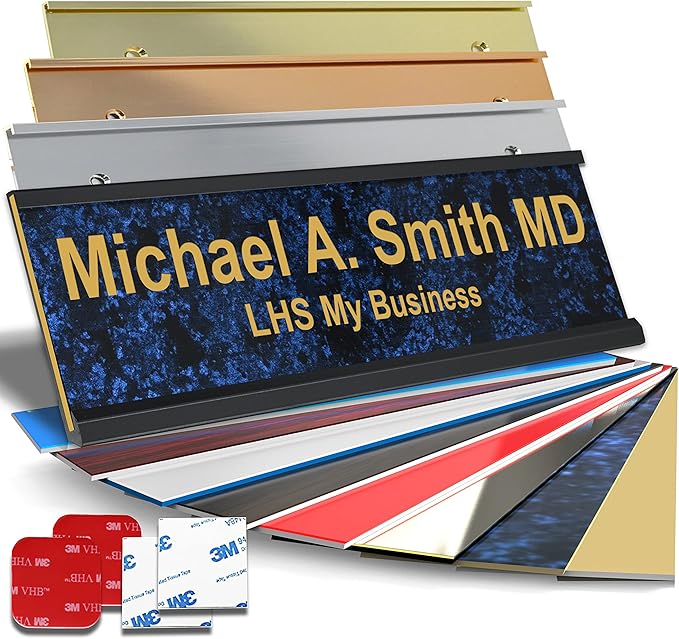 Custom Name Plate for Doors, with Choice of Mounting Holders for Walls, Doors, Cubicles, Hanging and More - Personalized Celestial Blue Plastic Gold Letters - USA Made 2x6 - S1