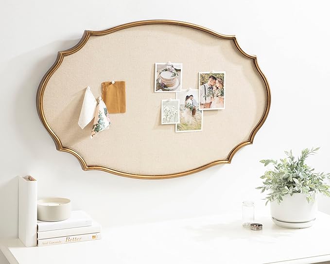 Kate and Laurel Leanna Decorative Scalloped Metal Pinboard; 24 x 36; Gold; Framed Rounded Oval Vintage Bulletin Board for Unique Display; Organization; and Decor