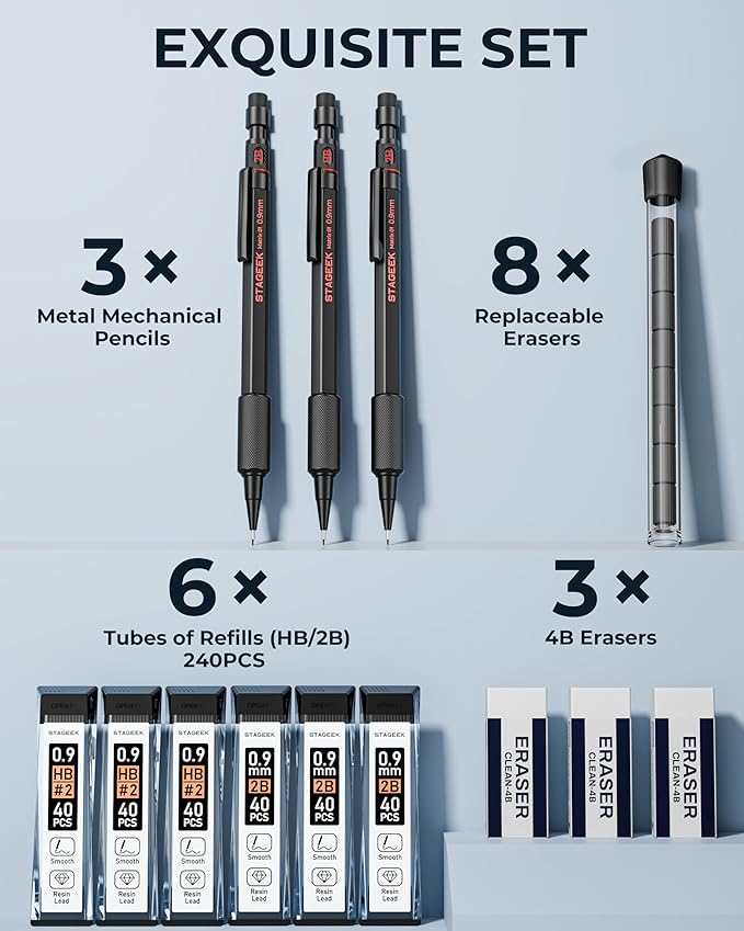 STAGEEK 0.9mm Mechanical Pencil Set, 3PCS Metal Mechanical Pencils 0.9mm with 6 Tubes HB & 2B Lead Refills,Erasers, Weatherproof Artist Pencils with Case for Outdoor Writing Drafting Drawing
