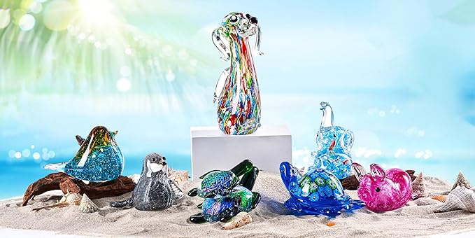 EUSTUMA Hand Blown Glass Sea Turtle with Babies Figurines,Sea Animal Ornament for Home Decor,Sea Animals Collection for Birthday Gift,Glass Tortoise Sculpture