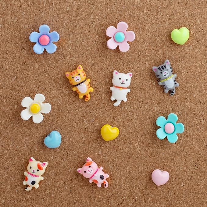 72PCS Push Pins Cute Cat Thumb Tacks Decorative Push Pins Wood Pin Board Tacks Assorted Colors Flower Push Pin Clips for Cork Board Wall Cubicle Accessories for Home Office Cute Desk Accessories