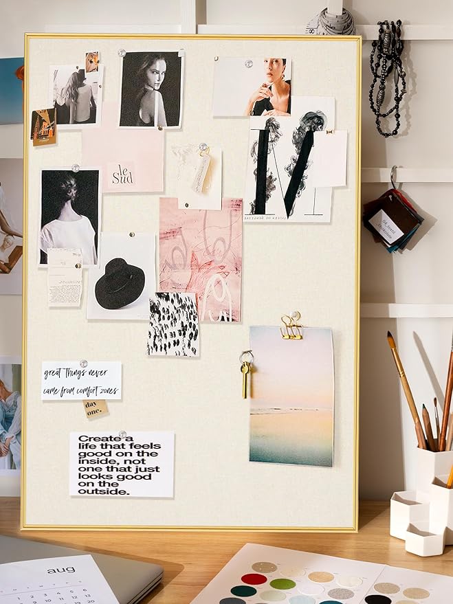 Lightomorrow Bulletin Board 30 x 20 inches, Oatmeal White Pin Board Vision Board, Golden Aluminum Framed Fabric Cork Board with 10 Push Pins