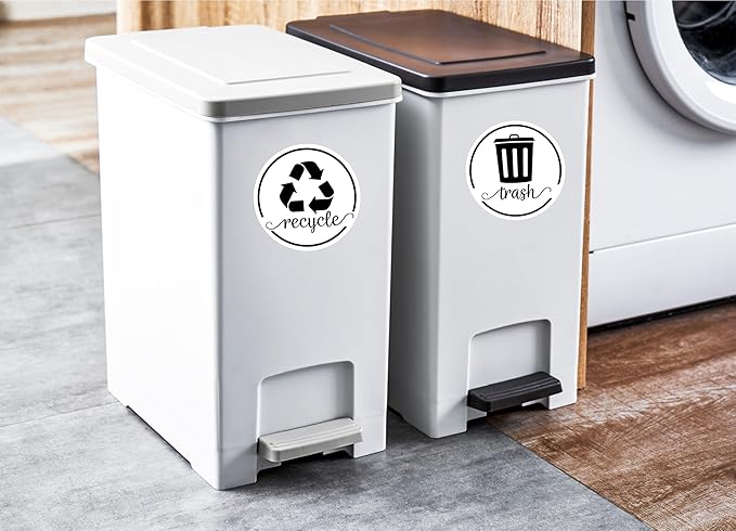 Strong Trash and Recycle Magnets, 3.5" Recycle Magnet for Trash Can, Magnetic Recycling Stickers for Kitchen Garbage Can and Recycling Bins with 4 Adhesive Stickers, Made in USA, White 2 Pcs