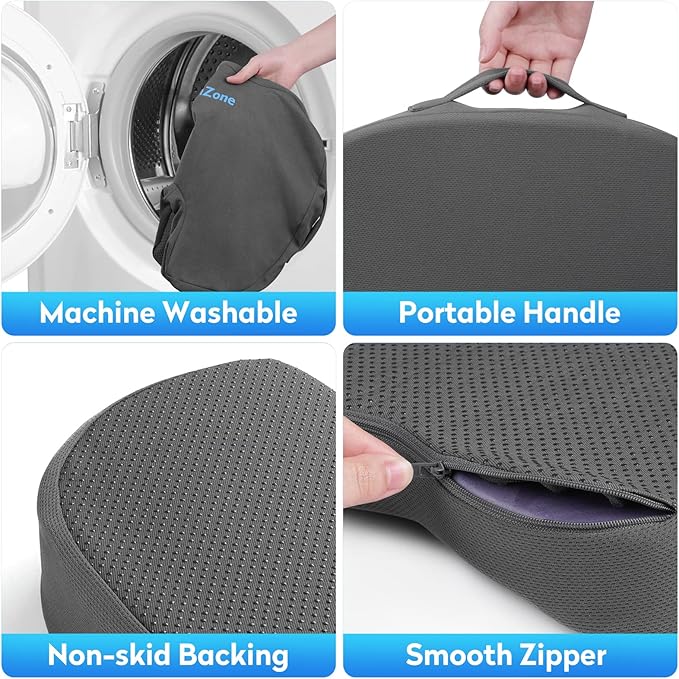 CushZone Seat Cushion, Office Chair Cushions, Car Seat Cushion, Non-Slip Sciatica & Back Coccyx Tailbone Pain Relief Chair Pad, Memory Foam Pillow for Computer Desk, Wheelchair, Driving(Grey)