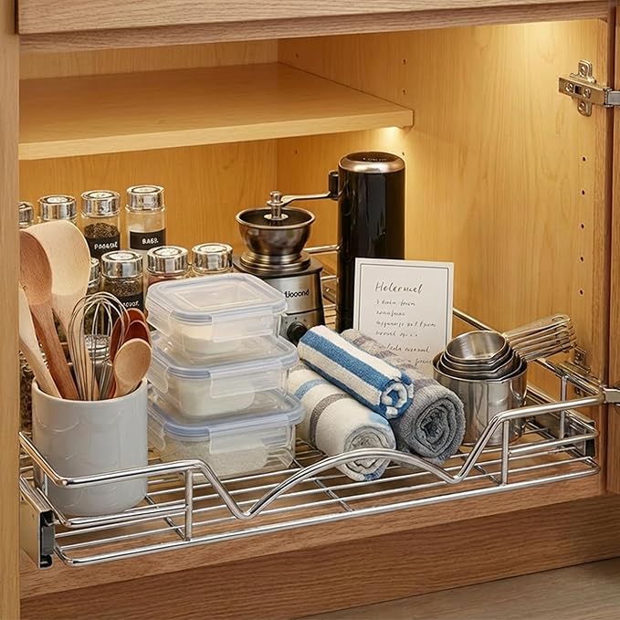 HOLDN’ STORAGE Pull Out Cabinet Organizer - Heavy Duty Steel with Smooth Slide-Out Drawers, Chrome Finish - 22" W x 17" D Basket, Fits 23.25" Cabinet Opening