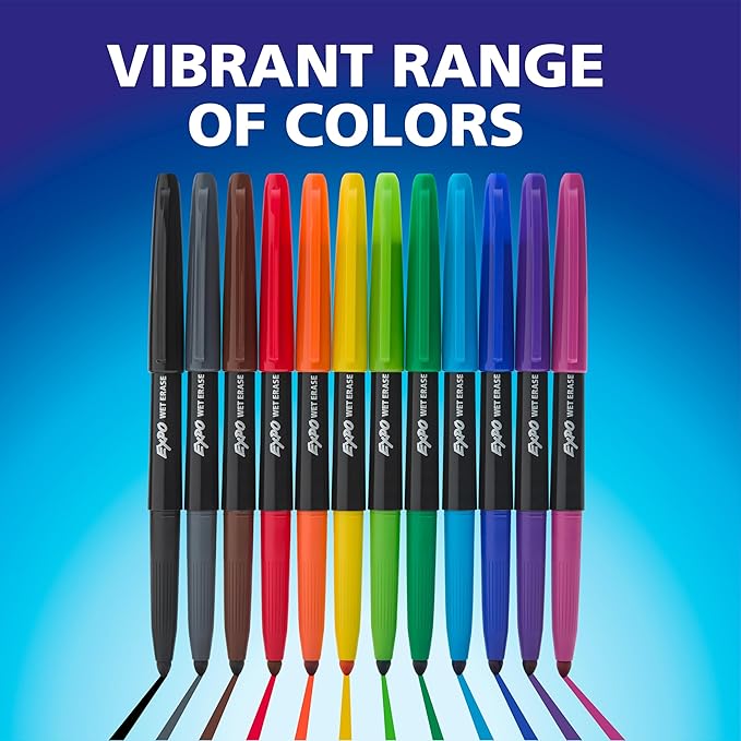 EXPO Wet Erase Markers, Semi-Permanent, Blue, Fine Tip, 12 Count - For Writing on Glass, Whiteboards, Mirrors, Calendar, Labeling, Organizing