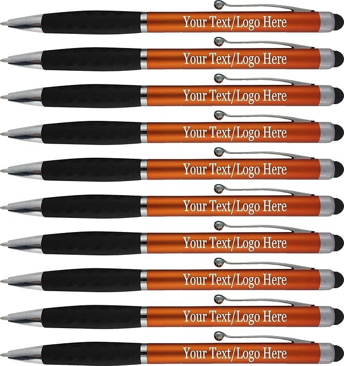 SyPen Personalized Pens With your Custom Logo or Text-600 Pack Bulk-for Businesses, Parties, and Events, 2 in 1 Ballpoint Pen & Stylus for Touchscreen Devices, Orange Barrel, Black Ink