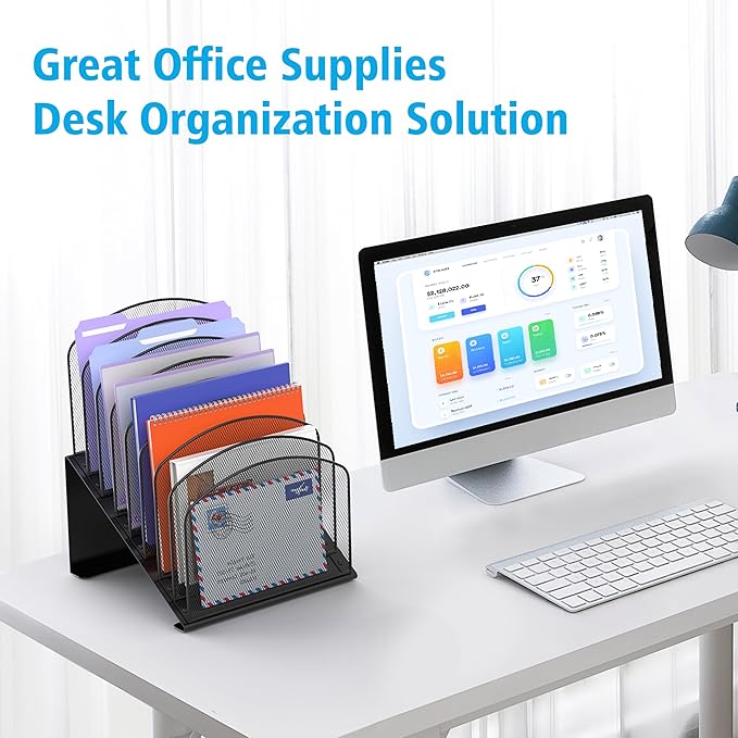 Inclined Desk File Organizer, 8-Section Upright Desk Organizer File Sorter for Office Classroom Desktop Organization, Black, 1Pack