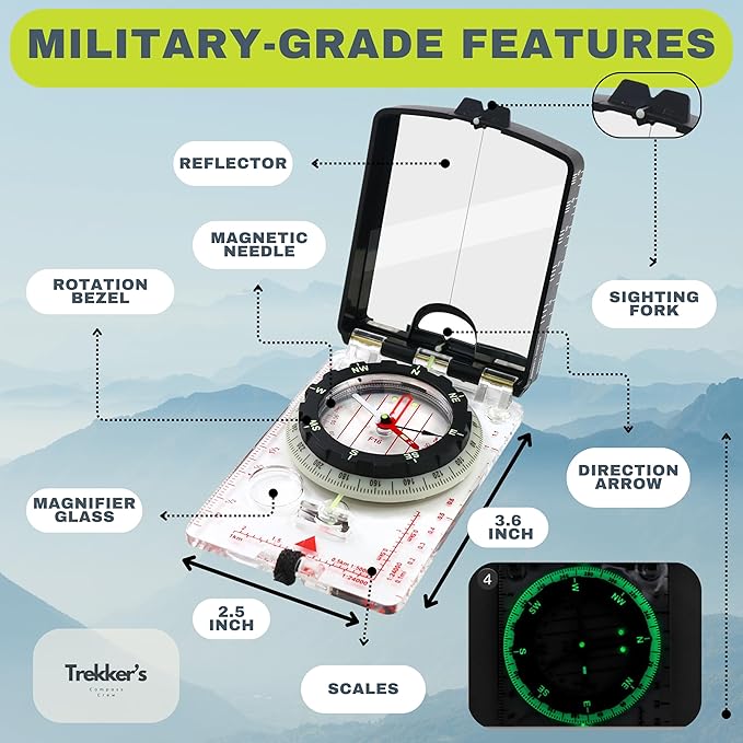 Trekker's Compass Crew Professional Military Lensatic Compass with Mirror, High-Precision Dial, Built-in Magnifier, Luminous Display for Hiking, Camping, Orienteering