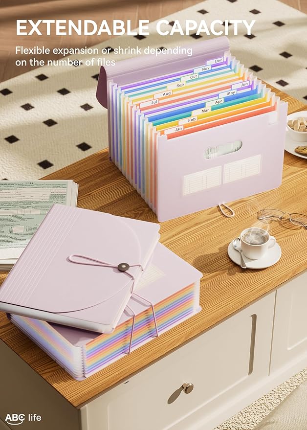 ABC life 12-Pocket Accordion File Organizer, Expandable File Folder with Colorful A-Z Tabs, Portable Bill & Receipt Organizer, Desktop Letter/A4 Document Storage for Home & Office-Pinkish Purple