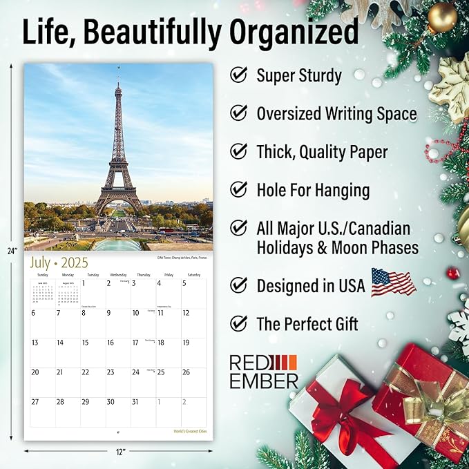 RED EMBER World's Greatest Cities 2025 Wall Calendar 12 Month | 12" x 24" Open | Thick & Sturdy Paper | Giftable | Calendar 2025