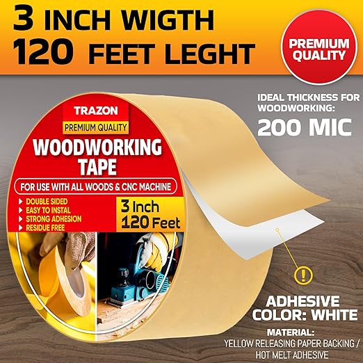 Trazon Double Sided Woodworking Tape Super Strong, 3 Inch x 120 Feet, Wood Crafter Sticky Tool, Two Side Adhesive for Router Templates and CNC Machine, Removable & Residue Free