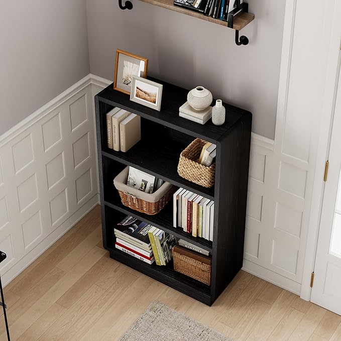 ChooChoo 3-Tier Bookcase, Wooden Bookshelf, Farmhouse Bookshelf with Open Storage, Tall Bookcase for Bedroom and Home Office, Black