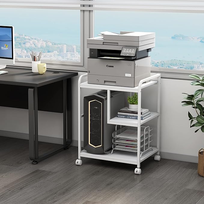 Fannova Large Printer Stand Table with Storage Shelf for Host Computer, PC Tower, CPU and Shredder, 3 Tier Rolling Printer Cart with Wheels for Home Office Storage and Organization - White