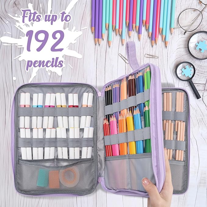 VASCHY Colored Pencil Case, Corduroy Large Pencil Pouch for Art Pens Markers Gel Pens Big Holder Organizer Fits 192 Pencils for Girls Women Light Purple