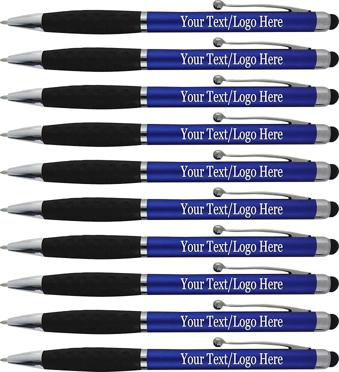 SyPen Personalized Pens With your Custom Logo or Text-300 Pack Bulk-for Businesses, Parties, and Events, 2 in 1 Ballpoint Pen & Stylus Compatible with Touchscreen Devices, Blue Barrel, Black Ink
