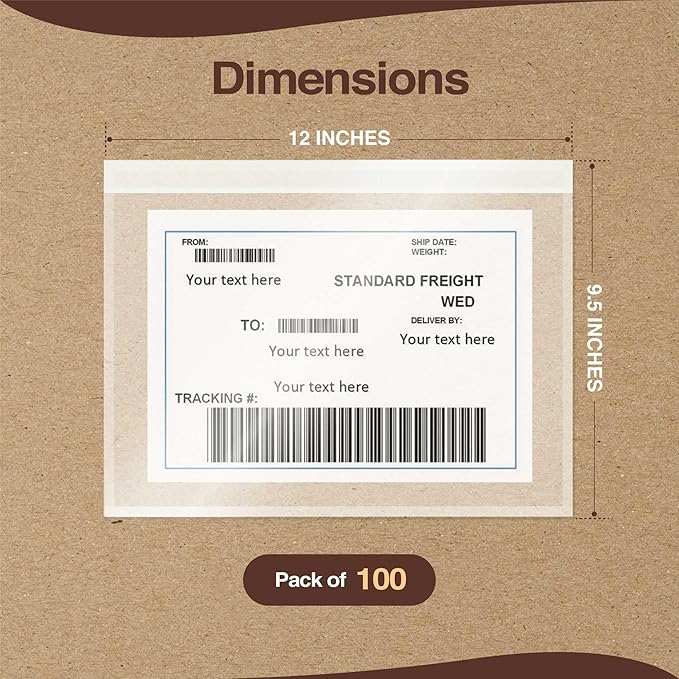 9.5x12 Shipping Label Sleeves 100 Pack Strong Adhesive Back for Secure Package Labelling, Protects Documents with Packing Slip Pouches Packing Sleeves for Mailing and Packaging -WaterProof and Durable