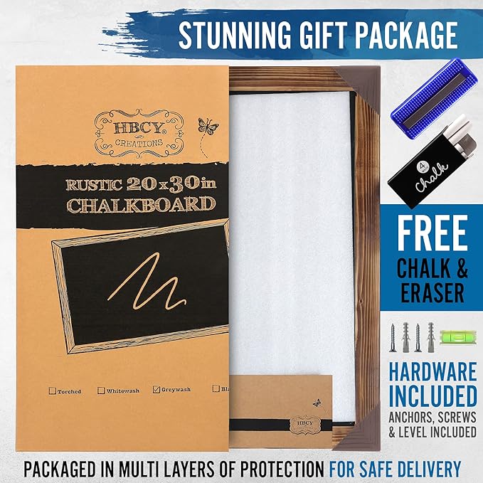 HBCY Creations 20" X 30" Torched Brown Solid Wood Frame Wall Chalkboard, Magnetic Surface, Home Décor, Restaurant & Café Menus, Blackboard, Includes Chalk, Eraser & Hanging Hardware