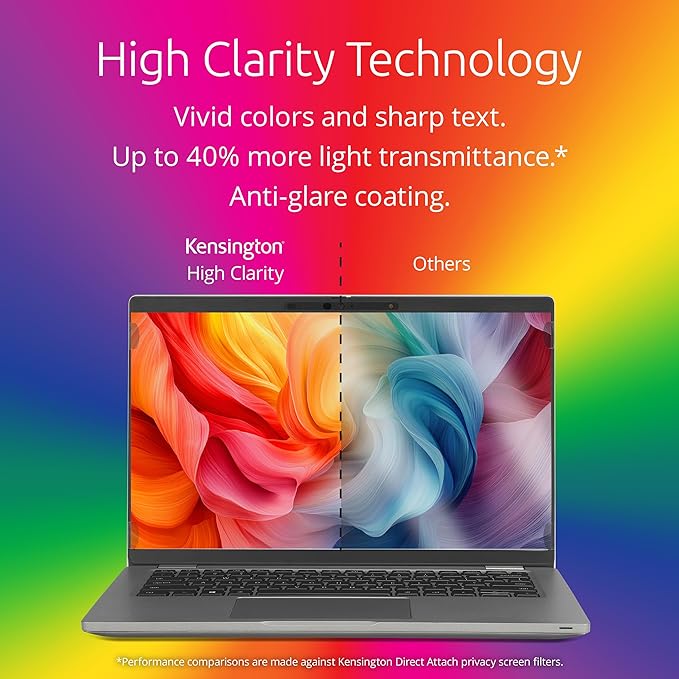 Kensington High Clarity Privacy Screens Filter for 14 inch 16:9 Laptops, Easy Installation Privacy Filter, Anti-Glare, 2H Hardness Protection, Compatible with HP Lenovo Samsung Asus HC140A169A